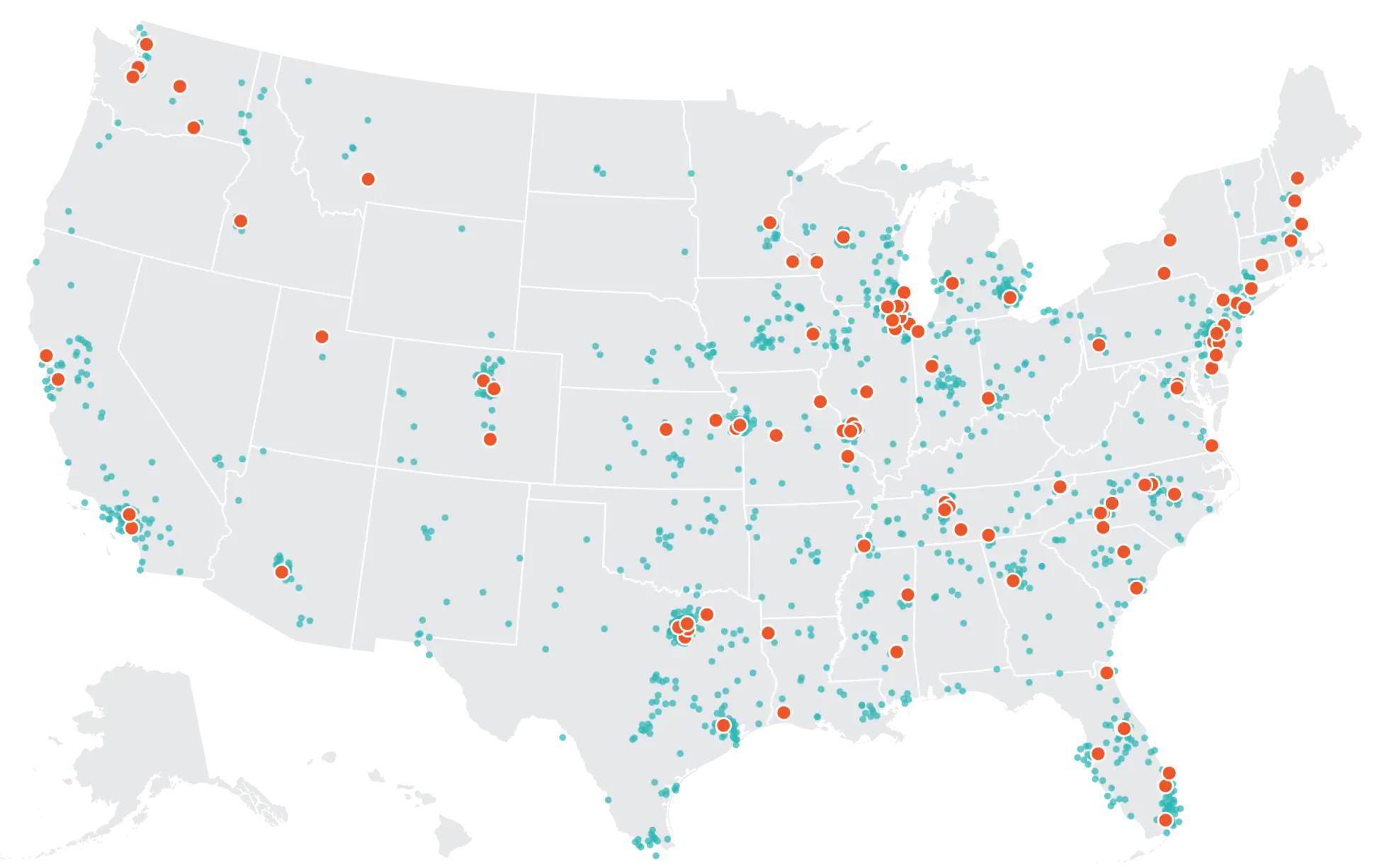 United States map plotted with 3Dhealth hospital and health system client locations