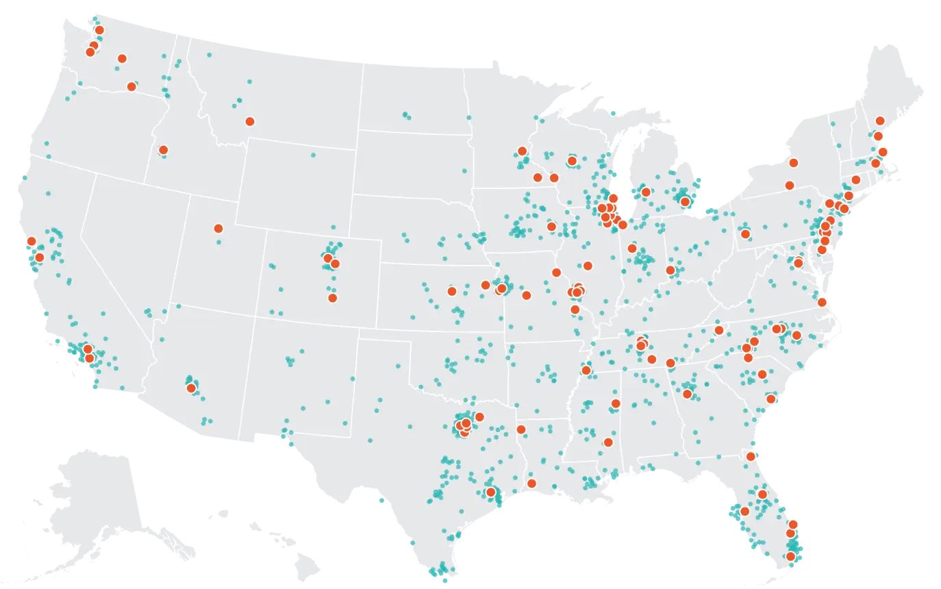 Map of the United States showing the density of 3Dhealth client hospitals and health systems